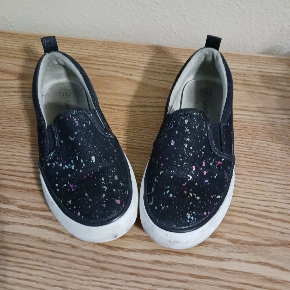 Cat & Jack Black Slip-On Sneakers with Pink, Blue & White Paint Splatter